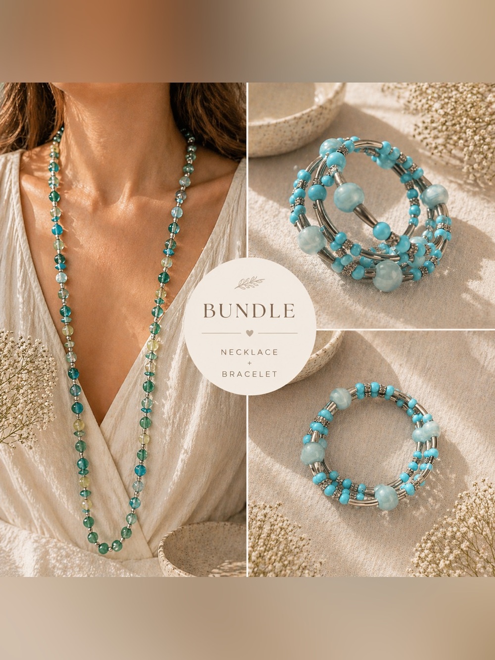 Turquoise Beaded Necklace & Matching Bracelet Set | Boho Coastal Jewelry Bundle